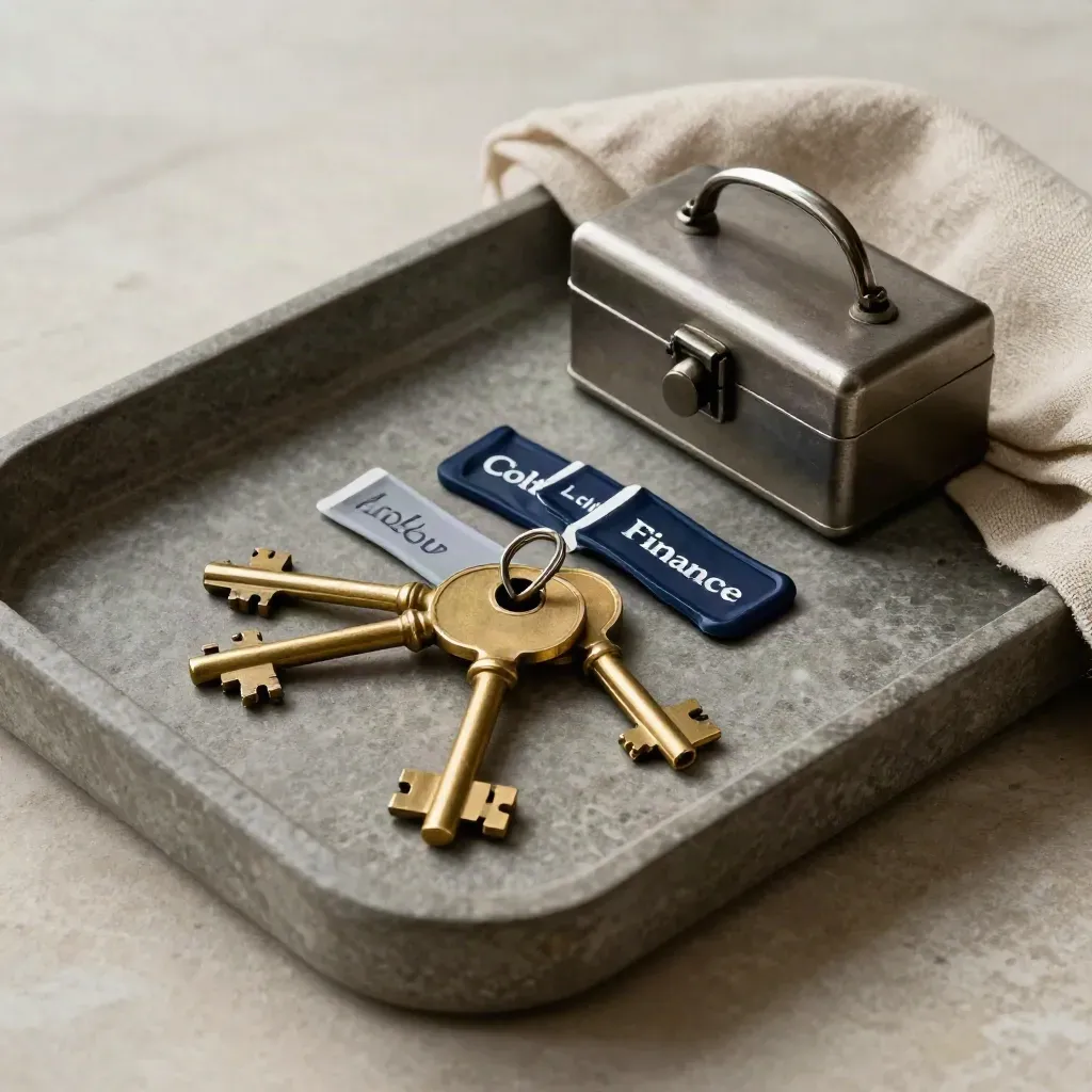 Three brass keys, sealed tabs and a lockbox corner on a stone tray with soft light