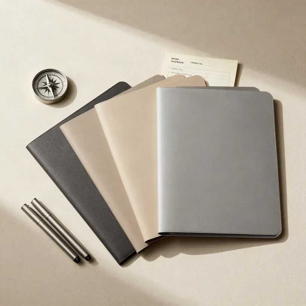 Overhead flatlay of route folders, metal markers, and a paperweight on pale plaster.