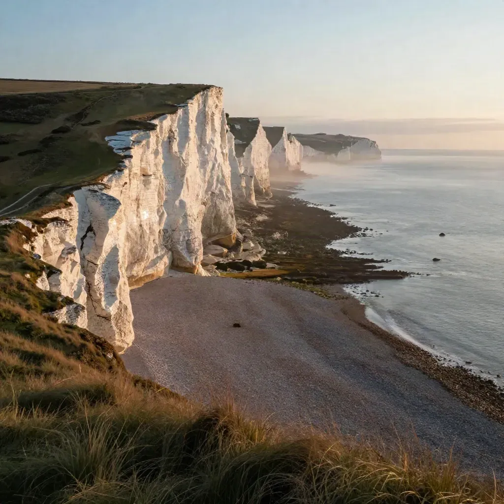 South East chalk cliffs in sunrise mist above a pale shore and calm sea.