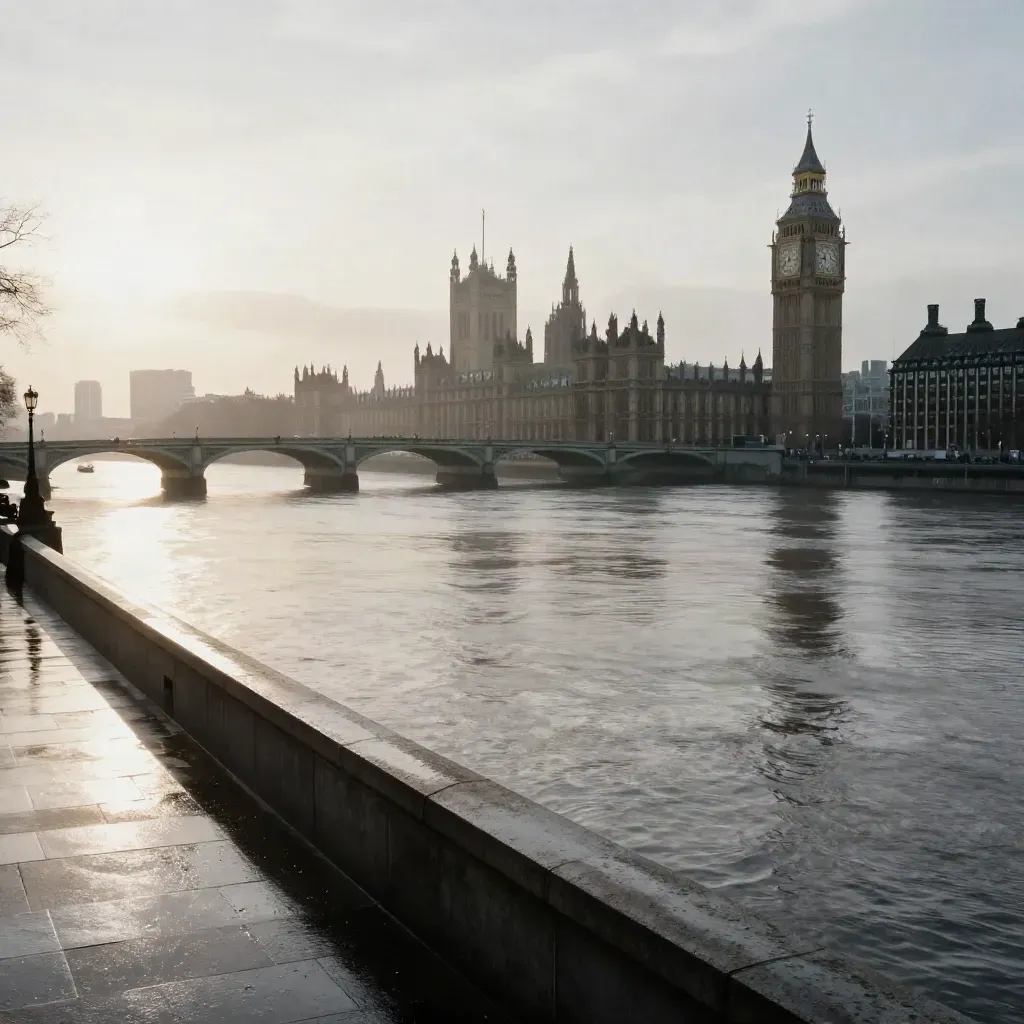 Blue-hour London Thames view with Westminster high in frame and calm wet riverside foreground.