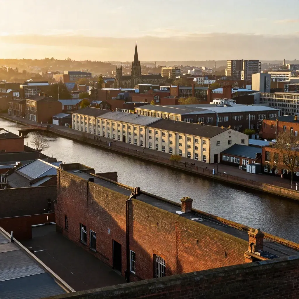 Midlands rooftop city view over canals and brick rooftops at golden hour, skyline high in frame