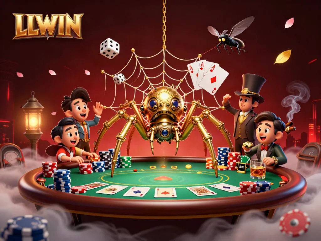 Experience the thrilling LLWIN casino action with 3D steampunk spider and Victorian fly gentleman amidst poker chips and cards.