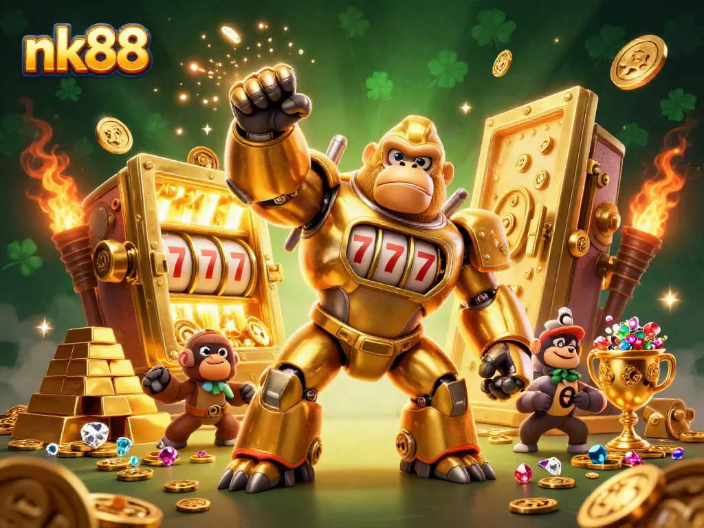 Win big at nk88 with a thrilling 3D casino scene featuring vibrant characters and golden rewards.