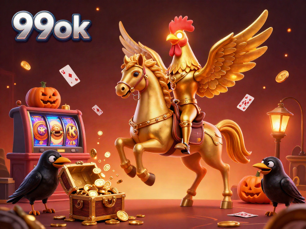 Experience the thrill of 99ok with a golden rooster in a vibrant casino scene.