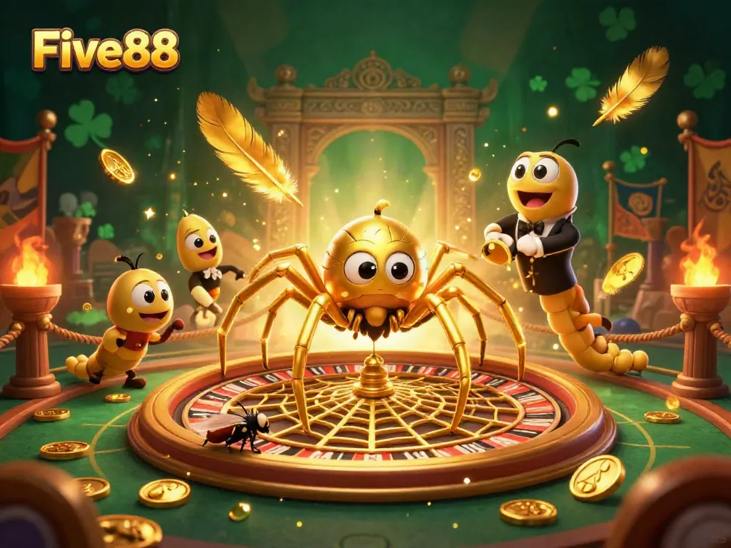 Experience Five88's thrilling online gaming with a golden spider and croupier controlling the bets.