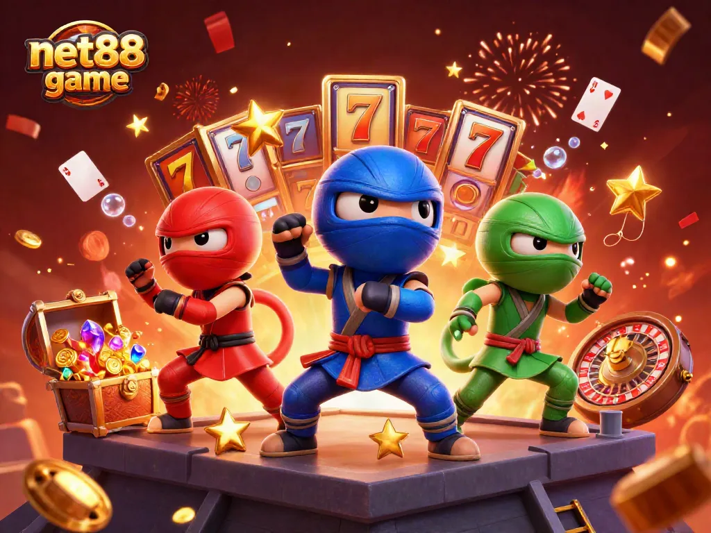 Experience thrilling gameplay with net88 game in a vibrant 3D illustration featuring animated casino elements.