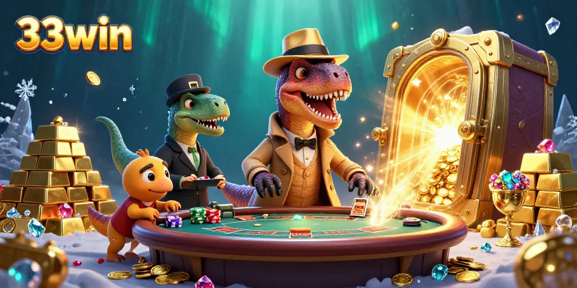 33win showcases a vibrant casino scene with a velociraptor card counter, creating a gambling atmosphere filled with treasures.