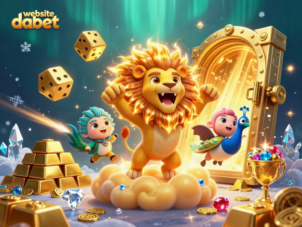 Experience the thrill of betting at the vibrant website dabet, featuring a roaring sun lion amidst treasure and casino elements.