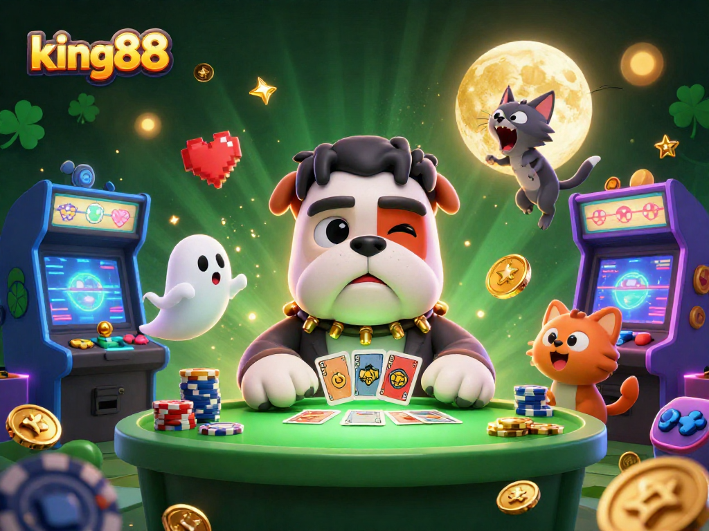 Experience thrilling card gameplay at king88's spooky table with unique characters and vibrant casino elements.