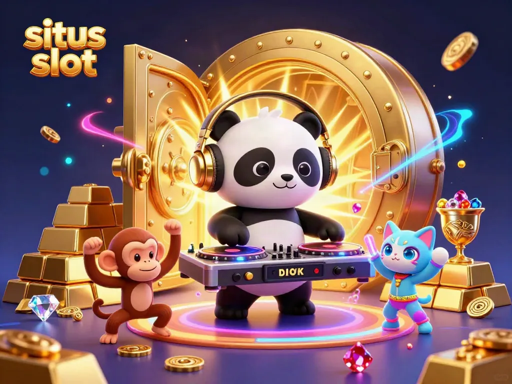 An engaging 3D illustration showcasing situs slot elements with a DJ panda and vibrant casino themes.