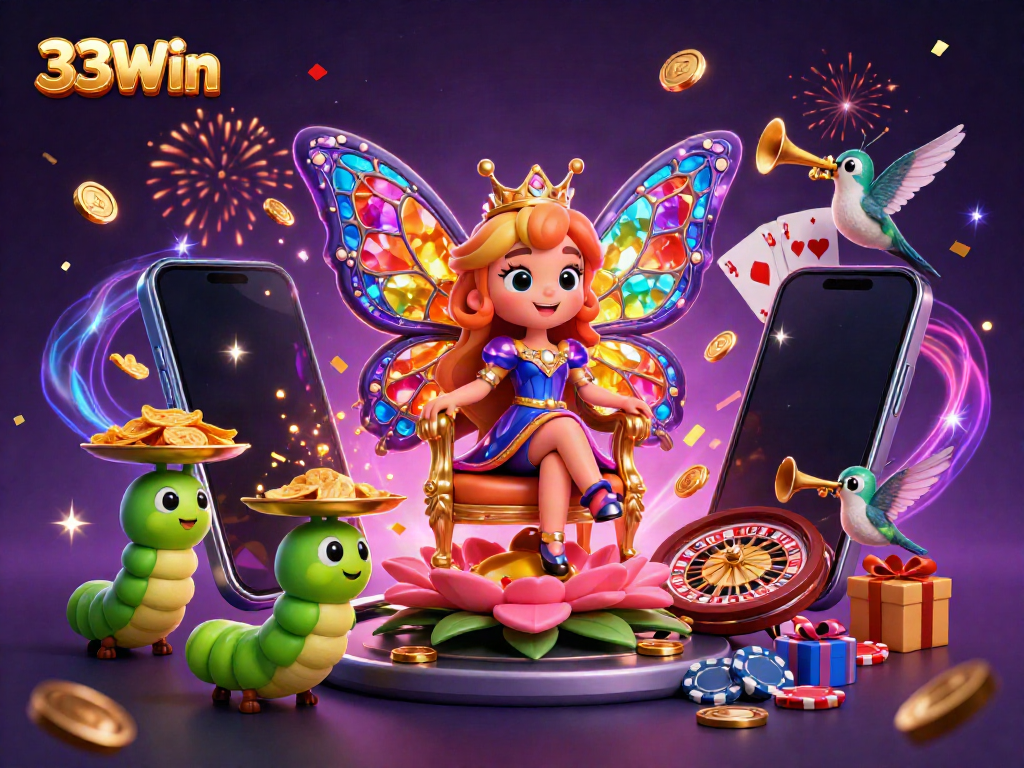 Experience the colorful world of 33Win as the butterfly queen embraces vibrant gaming adventures.