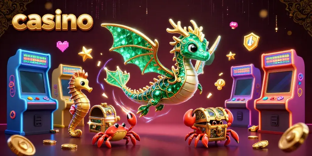 Experience a thrilling casino adventure with a sea dragon and treasure, showcasing arcade excitement.