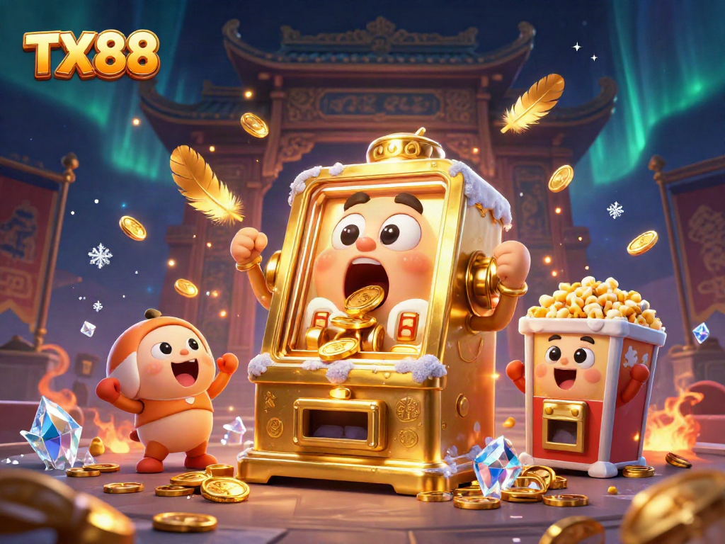TX88 slot machine hits the jackpot, surrounded by cheering machines and festive casino elements.
