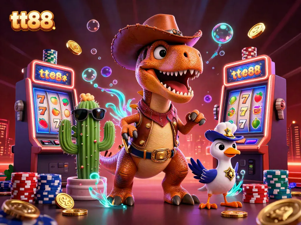 Engage in thrilling spins at tt88 with vibrant slot machines showcasing lucky symbols and energetic cartoon characters.