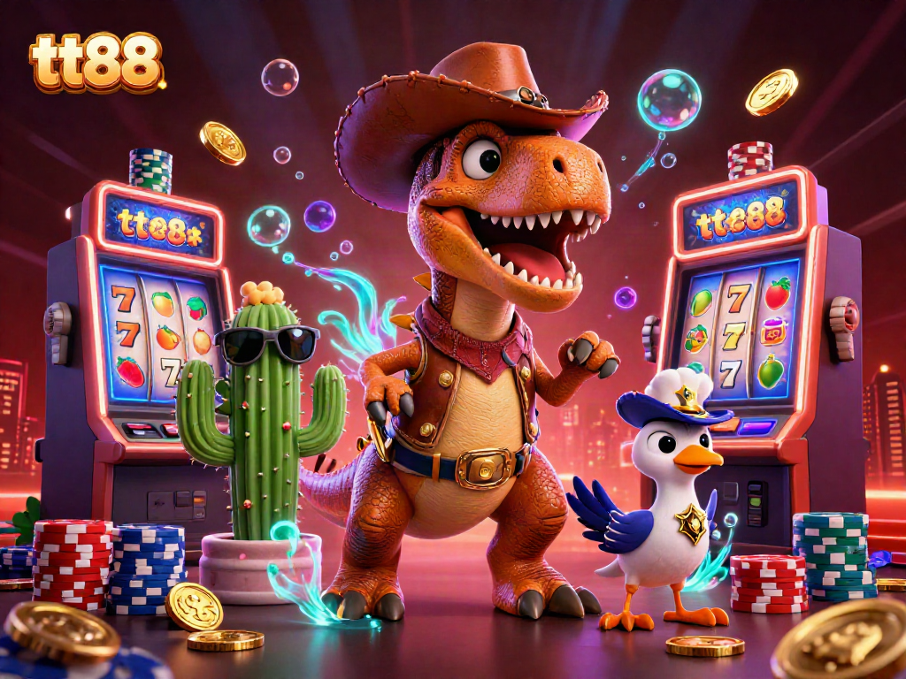 Engage in thrilling spins at tt88 with vibrant slot machines showcasing lucky symbols and energetic cartoon characters.