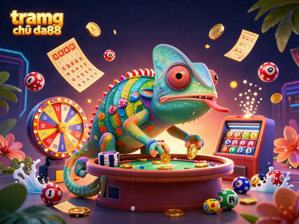 Engage with tramg chủ da88 featuring a dynamic chameleon casino owner amidst vibrant gaming elements.