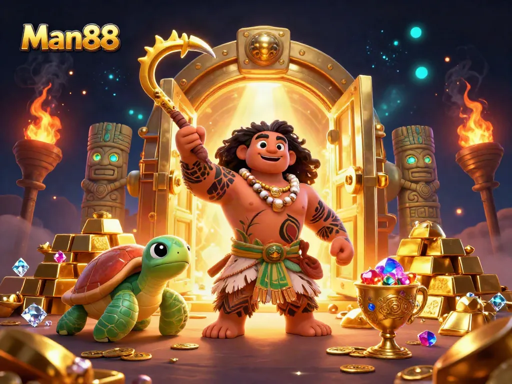Engage in thrilling bets at Man88, featuring vibrant scenes filled with treasure and excitement.