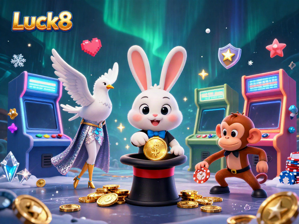 Luck8 players enjoy vibrant casino games featuring a magician rabbit and a monkey amidst colorful coins.