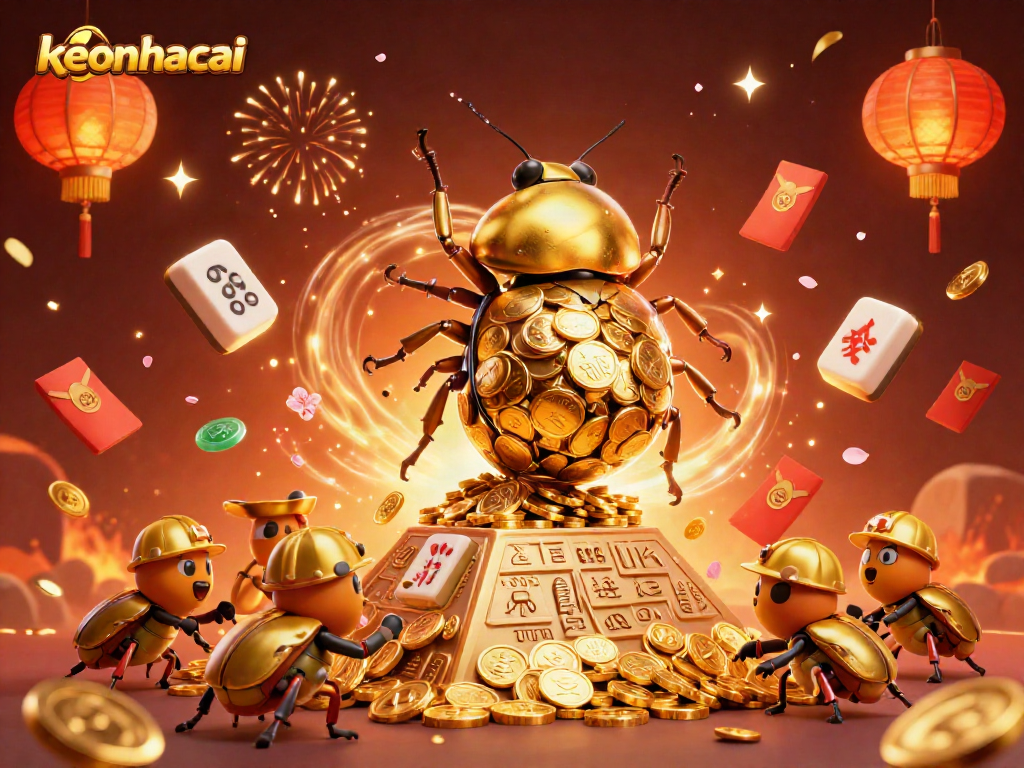 Keonhacai showcases a golden beetle and coins in a festive casino scene celebrating gambling.