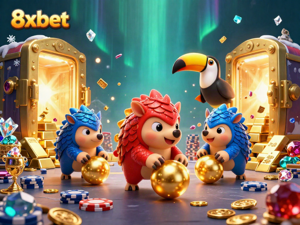 Join the 8xbet adventure with rival pangolins bowling through casino treasures in a dynamic illustration.