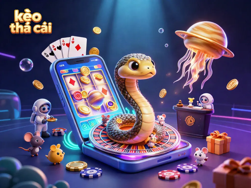 Bettors engage with kèo nhà cái in a cosmic scene featuring roulette elements and vibrant casino imagery.
