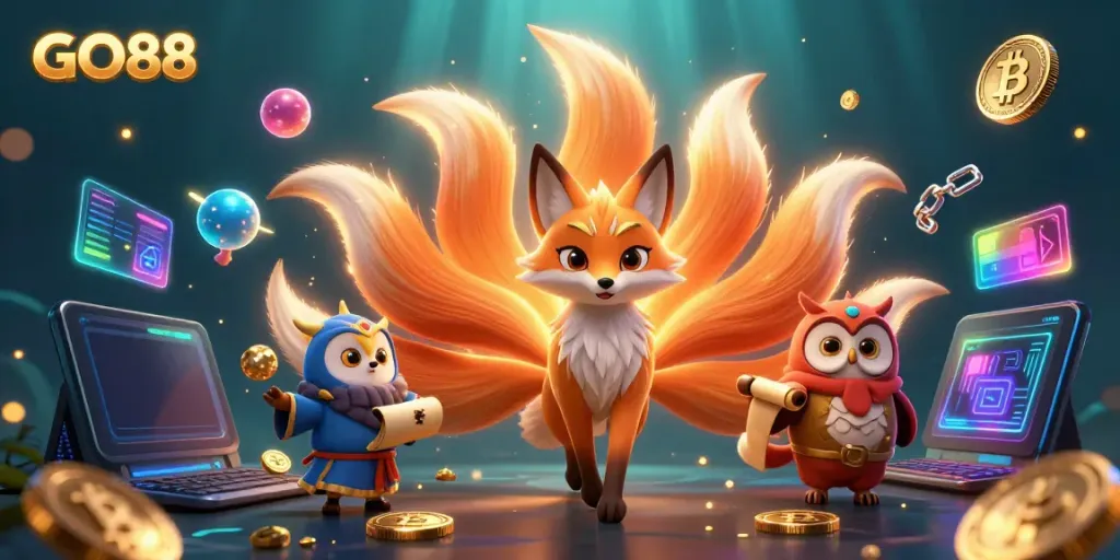 Experience immersive gameplay with GO88's vibrant digital universe featuring a nine-tailed fox and wise sage.