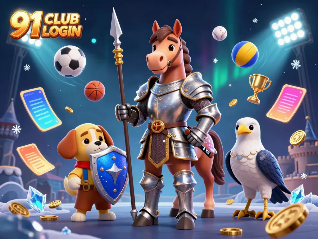 Engage with 91 CLUB LOGIN in this vibrant 3D knight and puppy adventure illustration.