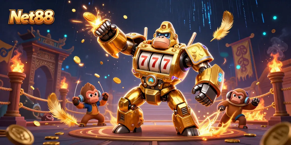 Net88 gorilla mech engaging in a dynamic casino scene, showcasing thrilling gaming elements and excitement.