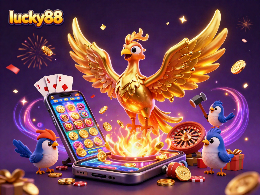 Experience thrilling gameplay at lucky88 with a vibrant 3D scene of golden phoenix and casino elements.