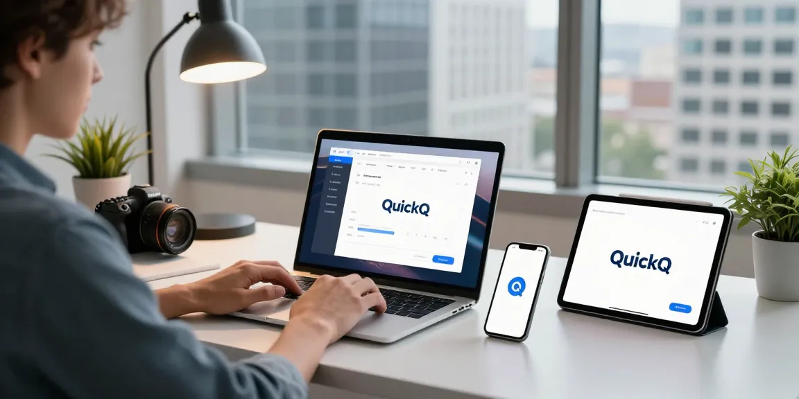 使用 quickq下载 的现代工作空间,显示设备整合与工作效率。