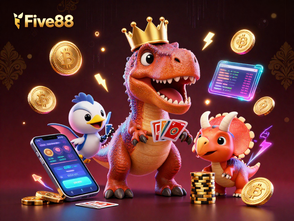 Win big at Five88 with a T-Rex shuffling cards while crypto coins and casino elements surround them.