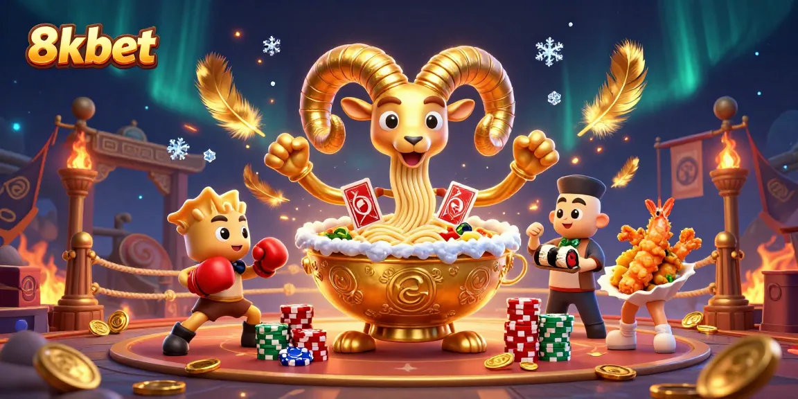 Engage with 8xbet through this dynamic casino illustration featuring a golden ramen bowl character amidst vibrant gambling elements.