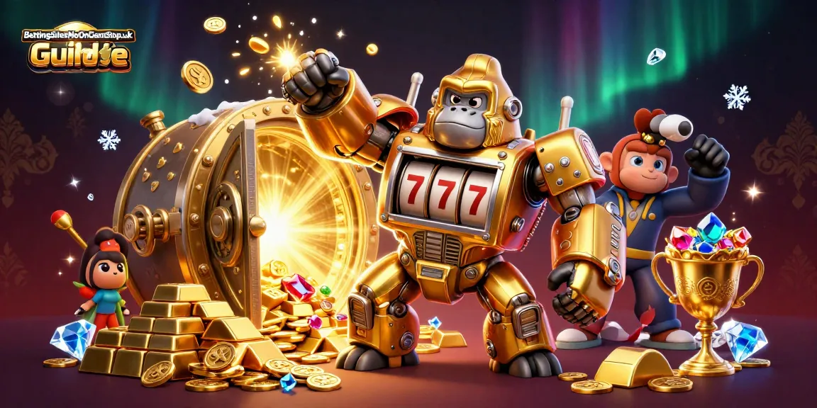 Experience the excitement with this BettingSitesNotOnGamStop.uk guide featuring a golden gorilla mech in a rich casino world.