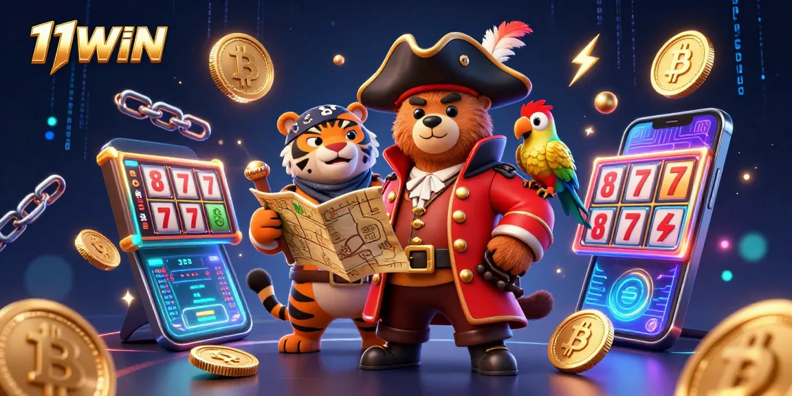 Engage with 11WIN-themed casino illustration featuring a pirate bear and tiger in a vibrant digital environment.