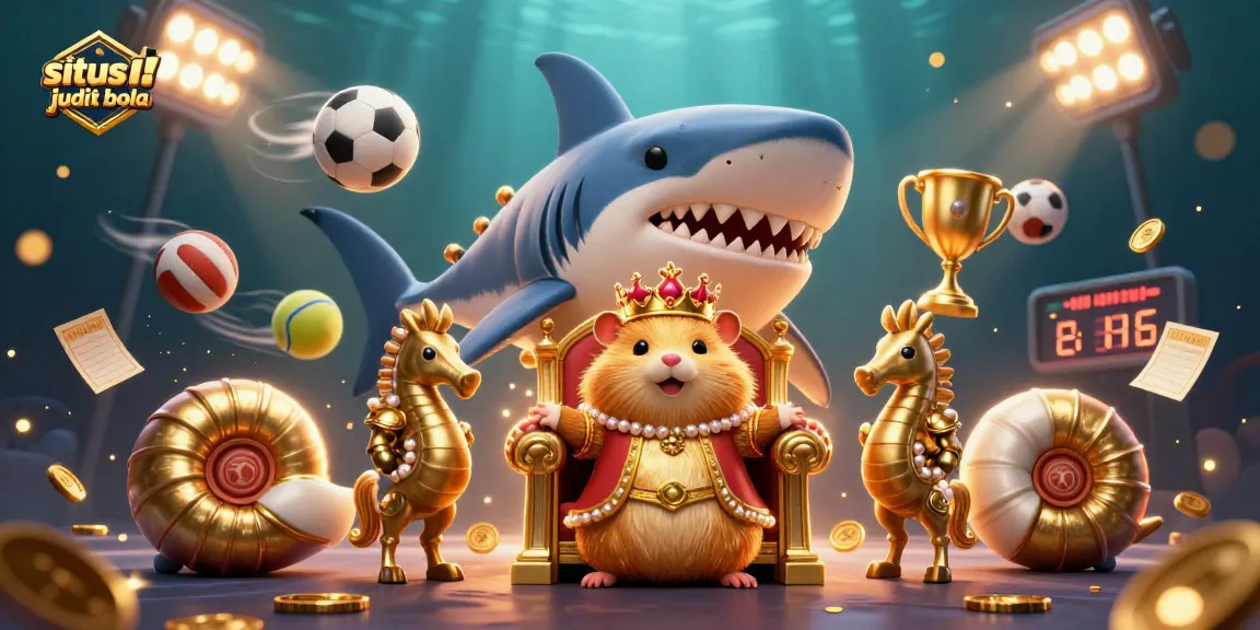 Experience situs judi bola betting excitement with the golden hamster king surrounded by sports elements.