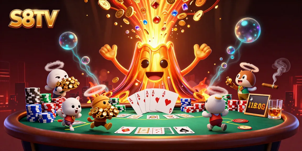 Experience thrilling casino fun with the S8TV volcano erupting coins amidst a vibrant gaming scene.