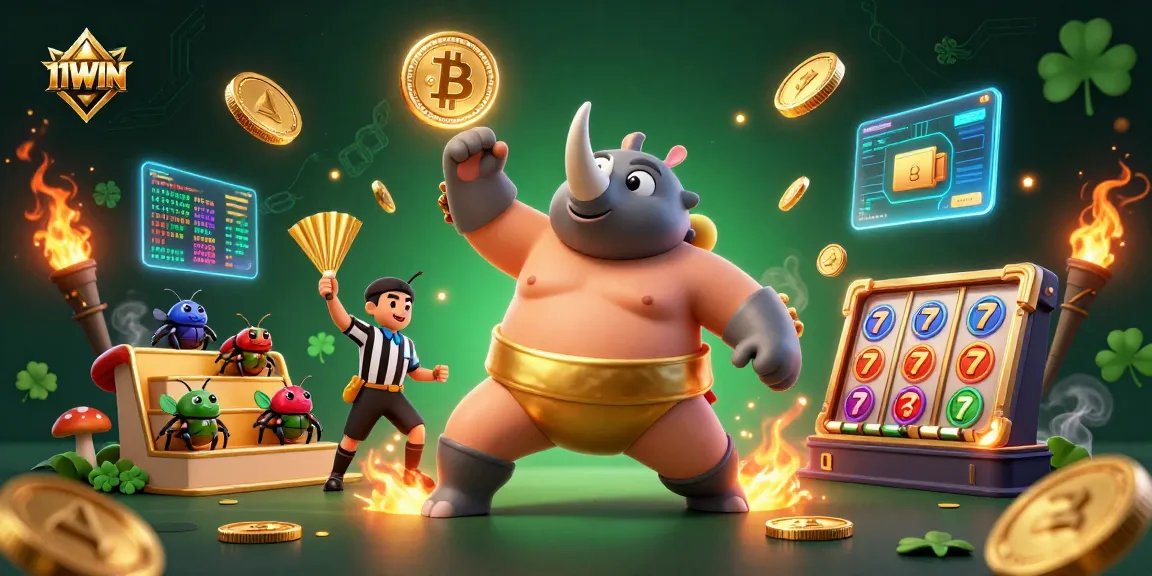 Experience excitement with 11WIN as the rhinoceros beetle champion powers through a dynamic casino scene.