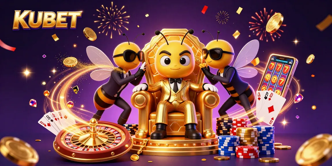 KUBET game excitement illustrated by a 3D cartoon bumblebee mob boss and casino elements.