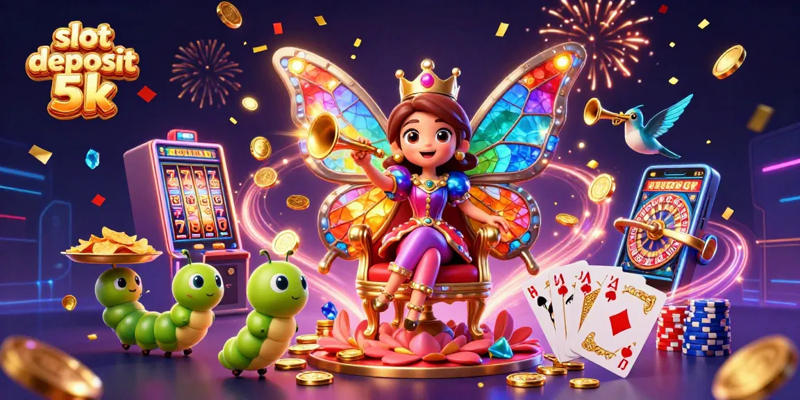 Spin to win at slot deposit 5k with a vibrant 3D illustration of a colorful gaming realm.