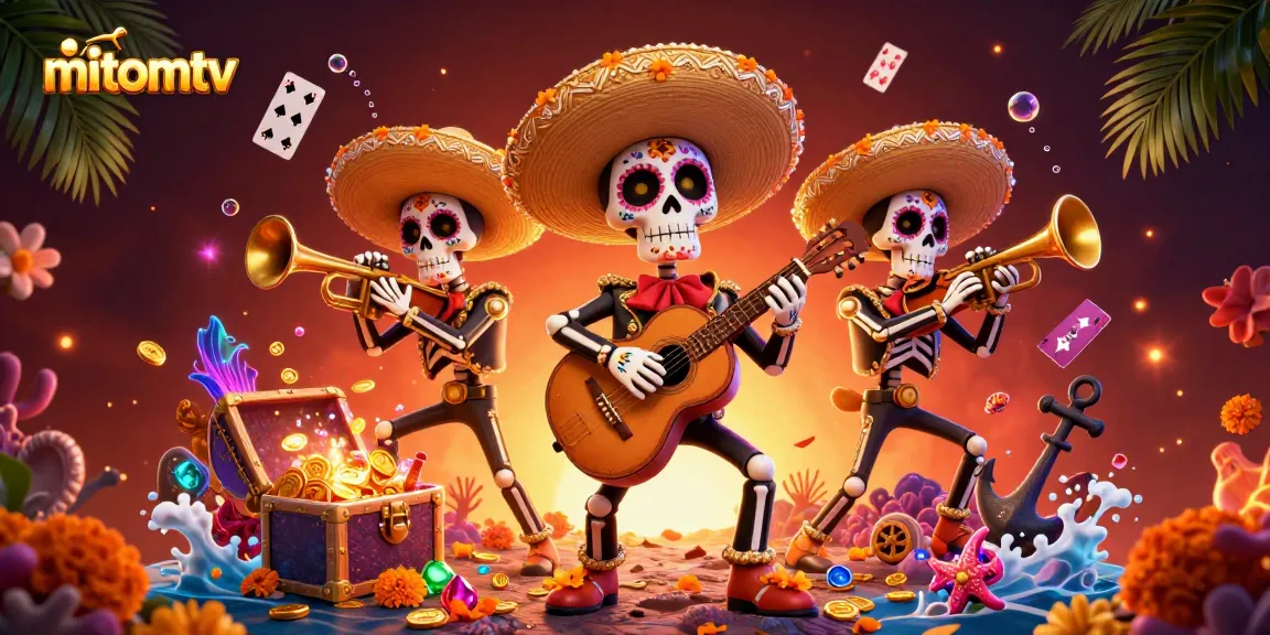 Bet on mitomtv and enjoy a vibrant 3D illustration of a mariachis band amidst treasures.