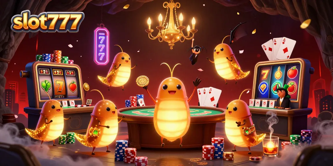 Experience the excitement of slot777 with glowworms lighting a vibrant casino scene.