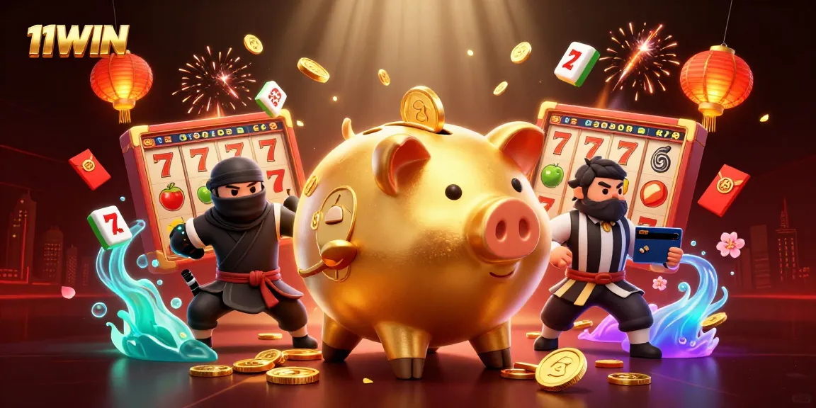 Join the excitement at 11WIN, featuring a dynamic sumo piggy bank wrestler amidst thrilling slots and vibrant casino elements.