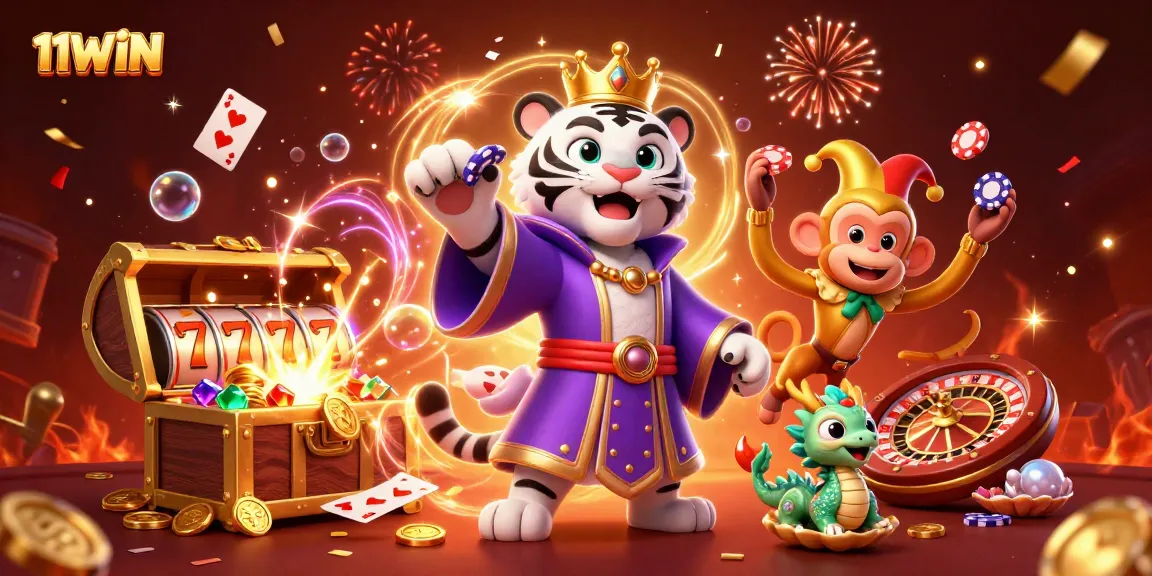 Experience the excitement of 11WIN with the engaging cartoon scene of a tiger and friends celebrating wins.