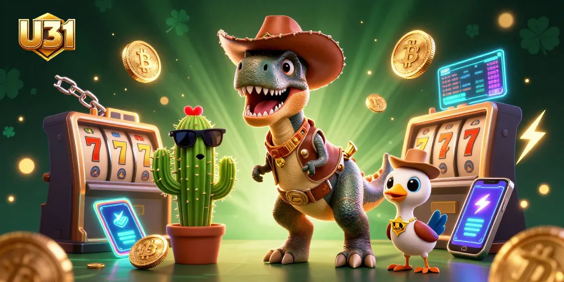 U31 offers an exciting casino experience, featuring a dynamic cowboy dinosaur, slot reels, and digital currency elements.