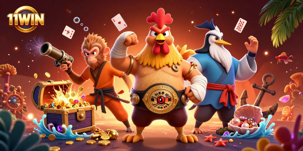 Experience the excitement of 11WIN with vibrant casino-themed characters and rich treasures.