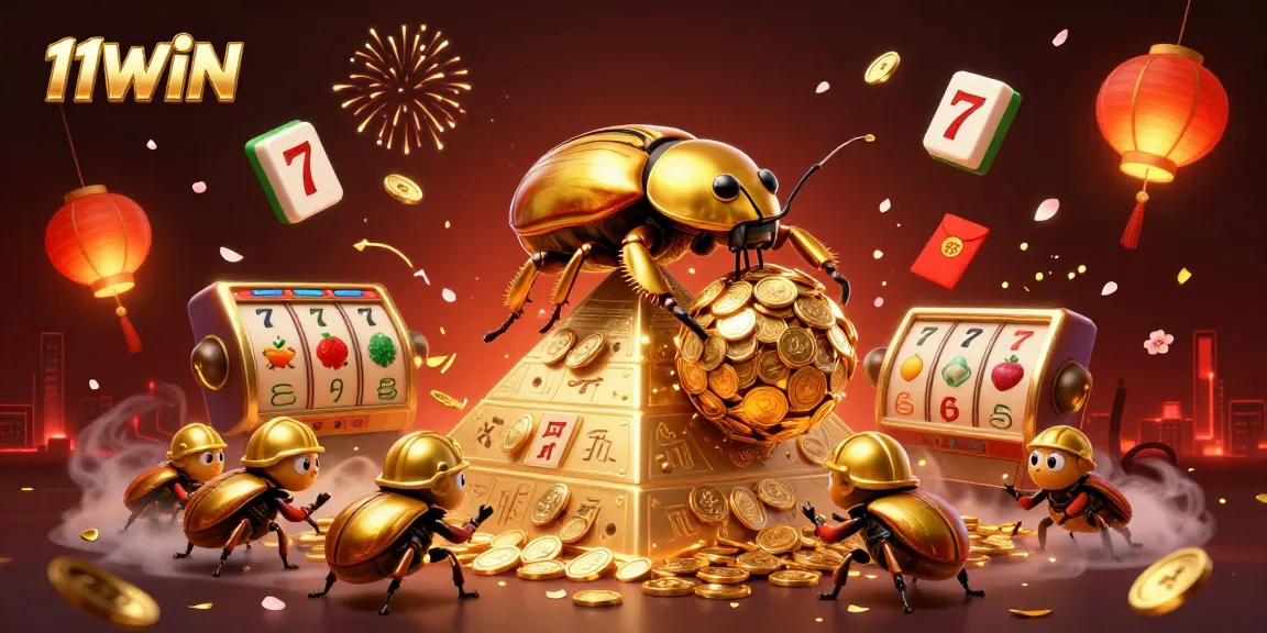 Join the excitement with 11WIN as the golden dung beetle rolls coins in a vibrant casino scene.
