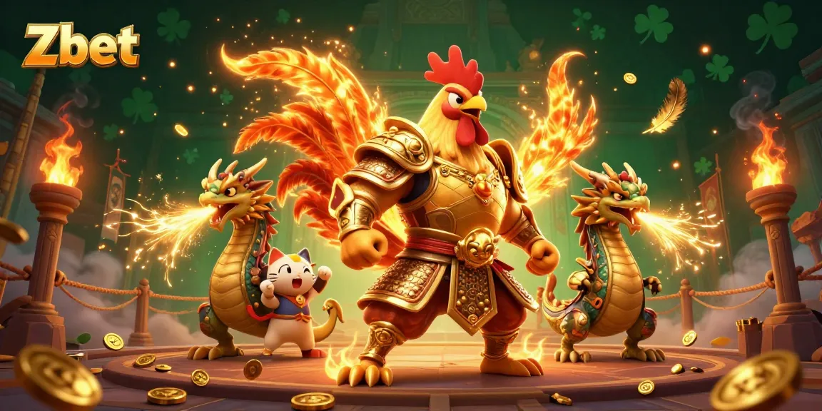 Zbet showcases a dynamic 3D fighting scene with a rooster warrior and dragon hatchling in a vibrant casino arena.